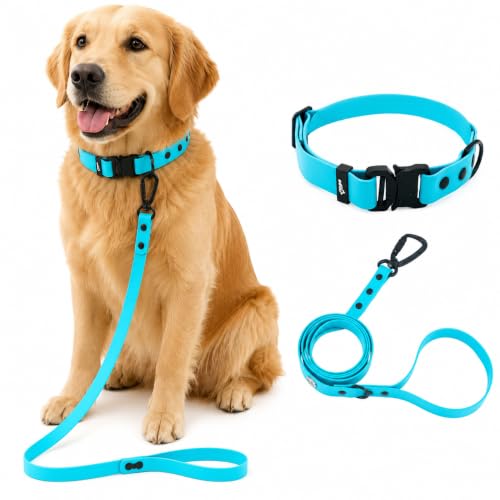 Image of Adil'S Waterproof Leash and Collar Combo Set - Adjustable & Breathable Biothane Collar with Leash Suitable for Medium & Large Size Dogs (Lease 5Ft), Light Sky, L