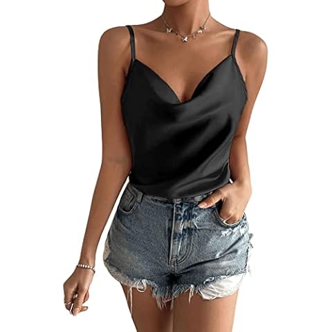 DIDK Damen Satin Bodys Wasserfallausschnitt Bodysuits Spaghettiträger Bodies Drapiert Body Schwarz XS Cover