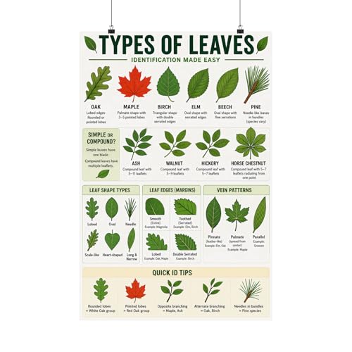 Types of Leaves Identification Chart Poster Botanical Leaf Guide