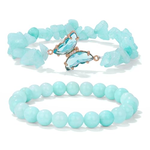 GolbalJew Healing Crystal Stone Bracelets Aquamarine Bracelet for Women Blue Gemstone Beads Stretch Bracelet Butterfly Charms Jewelry Women Gift