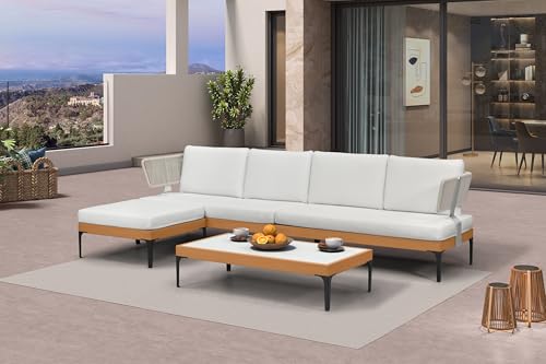 Image of PURPLE LEAF Patio Furniture Set Outdoor Sectional Sofa with Fade-Resistant Cushions Coffee Table Wicker L-Shaped 6 Pieces Aluminum Conversation Sets with Ottoman for Balcony Yard Poolside, White