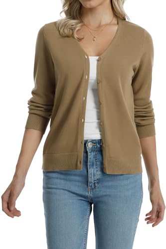 Image of QUALFORT Women's 100% Cotton Lightweight Cardigans Long Sleeve Knitted Button Down Sweater