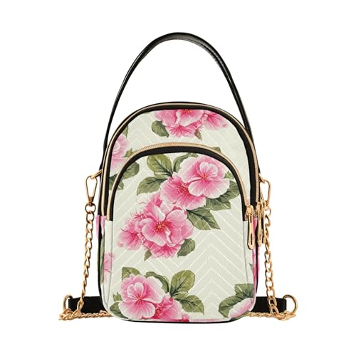 Woman Shoulder Handbag Quilted Chain Strap Cell Phone Handbag Printed Zipper Crossbody Bowler Bag Pink Flowers Green Leaves