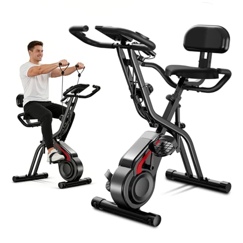 SUIUOI Bicicleta estática plegable 5 en 1 para casa - Bicicleta estática con 8 niveles de resistencia magnética, pantalla LCD, bandas elásticas, asiento con respaldo, 136 kg