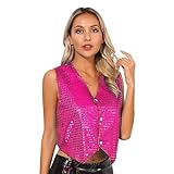 Sywiyi Women Fashion Shiny Dazzling Glitter Sequins Sleeveless Vest Tank Tops Jazz Dance Waistcoat Hot Pink Small