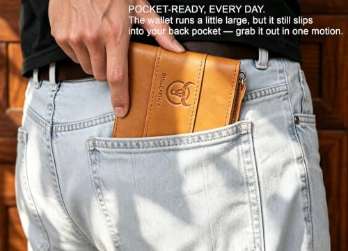 Image of BULLCAPTAIN Men's Leather Wallet Zipper Around RFID Blocking Wallets Bifold Multi Card Holder Purse (Yellow-brown)