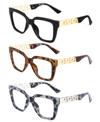 JM 3 Pack Oversized Square Reading Glasses for Women Blue Light Blocking Oprah Stylish Computer Readers +1.0