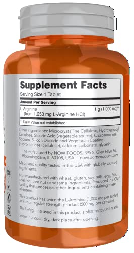 Now Sports Nutrition, L-Arginine Double Strength 1000Mg, Nitric Oxide Precursor, Amino Acids, 60 Tablets #TOP1