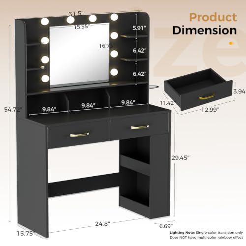 Image of LUCKRACER Vanity Desk with LED Lights Mirror & Charging Station, Makeup Vanity with Storage Drawers and Shelves, Modern Dressing Table for Women Girls Bedroom Black
