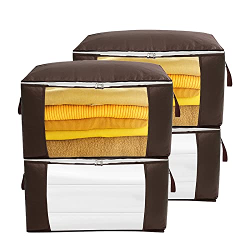 Sac de Rangement Vetement Lot de 4, Boite Housse Rangement Couette 90L, Pliable Rangement sous Lit Nifogo avec Fenêtre Transparent et Fermeture éclair pour Édredons Couvertures Oreillers(Brun) Cover