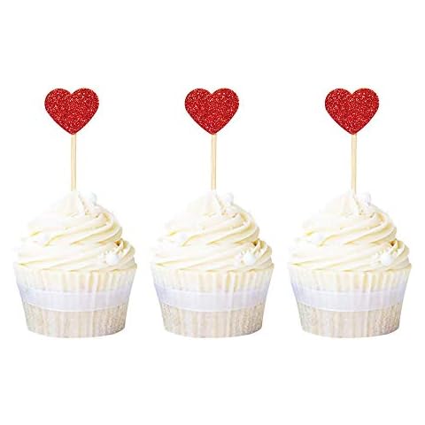 Ercadio Glitter Heart Cupcake Toppers Picks for Sweet Love Theme Wedding Engagement Bridal Shower Party Cake Decors 40 Pack Red Cover