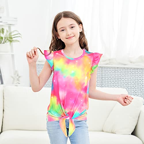 Image of JESKIDS Girls Short Sleeve Shirts Ruffle Tie Front Unicorn /Tie Dye Print Summer Tee Tank Tops 3-11 Years
