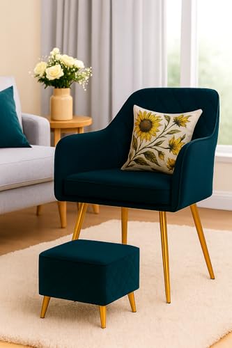 Image of Velvet Accent Chair with Matching Pouffe & Floral Cushion | Modern Upholstered Armchair with Gold Metal Legs | Lounge Chair for Living Room, Bedroom, Office, Guest Room (Blue Diona)