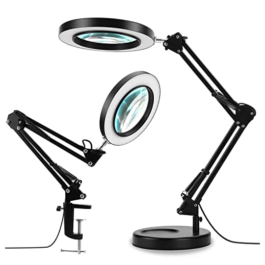 LANCOSC 2-in-1 Magnifying Glass with Light and Stand, 3 Color Modes Stepless Dimmable, 5-Diopter Real Glass Magnifying Desk Lamp & Clamp, LED Lighted Magnifier for Repair, Reading, Crafts, Close Works