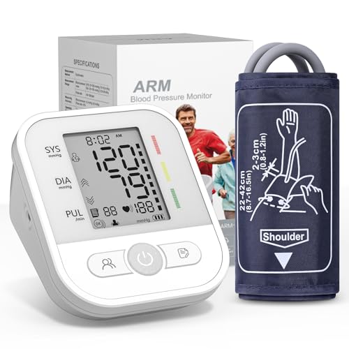 NWOUIIAY Tensiómetro de Brazo Monitor de Presión Arterial Recordatorio de Arritmia y 2 Funciones de Memoria de Usuario con Pantalla LCD Brazalete Ajustable 22-42cm para Adultos Mayores y Familias