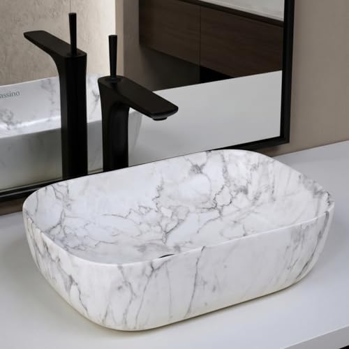 Image of BASSINO 18x13x5.5 Inches Ceramic Wash Basin /1 Year Warranty /Table Top Washbasin /Wash Basin Counter Top /Ceramic Sink Wash Basin /Ceramic Basin For Bathroom /Dining Hall /Living Room(Glossy Finish)