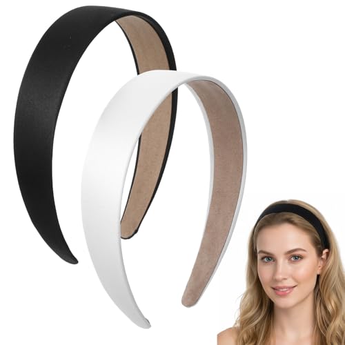 DOPENSPI 2 Pcs Satin Headbands for Women, 1.18 Inch Wide Non Slip Hair Bands Solid White Black Fashion headband Cute Hair Accessories for Christmas Daily Wear Party