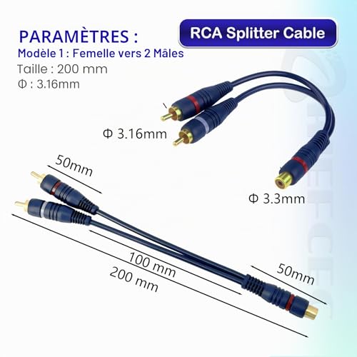 BRIEFCEC Câble Cinch Répartiteur Audio RCA Y 15CM, 1 Femelle à 2 Mâle pour Caisson Basses, Phono, AV, Audio, Subwoofer Voiture (2 Pack, Bleu) – vue 2