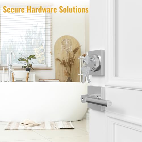 HOSOM Entrance Door Lock Set with Single Cylinder Deadbolts, Satin Nickel Heavy Duty Modern Sleek Square Door Handle with Lock & Keys on Both Sides, Keyed Alike by HOSOM - Used condition - Image 2