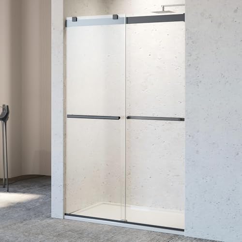 Image of 46-48 inch W x 76 inch H Soft-Close Frameless Double Sliding Shower Door, Bathroom Shower Glass Doors with 5 /16 inch (8mm) SGCC Tempered Glass and Stainless Steel Handle, Easy to Install, Matte Black