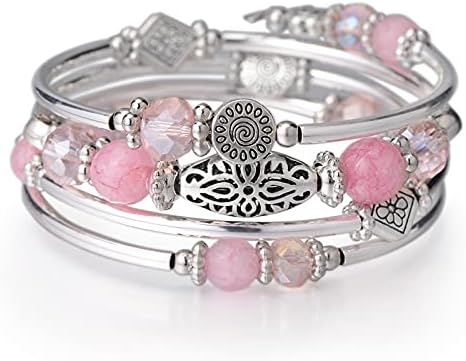 FULU AUTUMN Silver Beaded Bangle Bracelet for Women Handmade Boho Stacking Wrap Bracelet with Crystal Beads Costume Fashion Jewellery Gifts