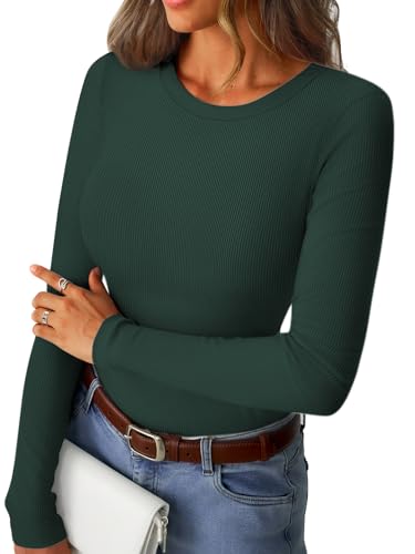 GKBK Womens Long Sleeve Ribbed Tops Fitted Stretch Basic Tee Shirts Casual Crewneck Tight Layering Lightweight Sweaters 2026 Fall Fashion Outfits Dark Green