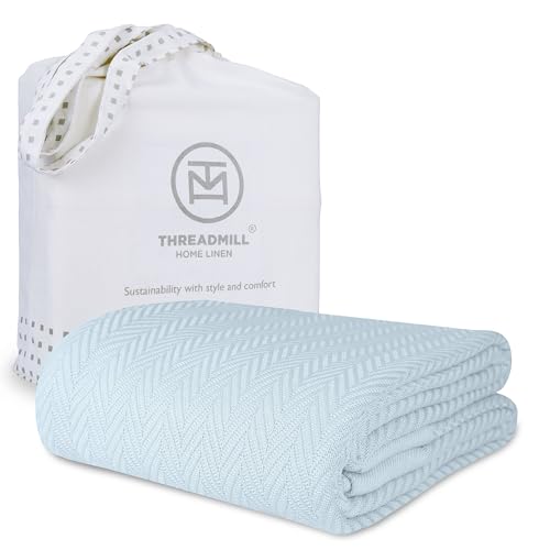 Threadmill Luxury Cotton Blankets for King Size Bed | All-Season Cozy 100% Cotton King Size Blanket | Herringbone Soft Fall Thermal Blanket fits Cal King Size Bed | Light Blue