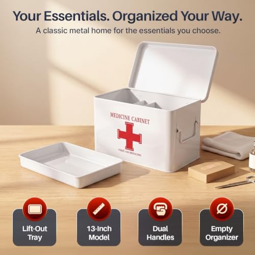 Flexzion Large Metal First Aid Box Empty, 13-Inch, White with White Cross by Flexzion - Used condition - Image 9