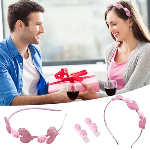 1 Pcs Valentines Day Glitter Red Heart Pink Rose Headband 1 Pair Rose Hair Clips Glitter Love Hearts