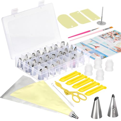 VINATO Poche a douille patisserie 83 Pièces, Set de Douilles en Acier Inoxydable, Sac à Pâtisserie et Boîte de Rangement, Accessoire pour Gâteaux, Cupcakes et Décoration Jaune