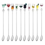 Estilo único: Estas cucharas de mezcla y palos de cóctel contienen respectivamente 10 diferentes estilo tropical, con diferentes formas de bebidas y vaso en la parte superior. Estos agitadores de cóctel pueden combinar cualquier color y cualquier estilo de bebidas y cócteles para que tus bebidas luzcan más hermosas y deliciosas.