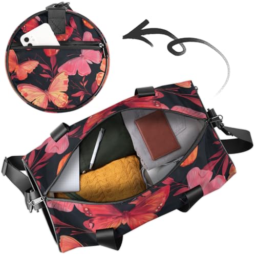 Butterflies Round Barrel Sports Fitness Bag, Black Red Travel Luggage Bag, Reusable Handbag, Suitable For Men and Women4
