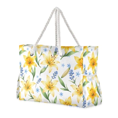 susiyo Yellow Lilies Beach Bags for Women Large Travel Tote Bag Waterproof Sandproof Lightweight Swim Pool Bag for Family Outdoor