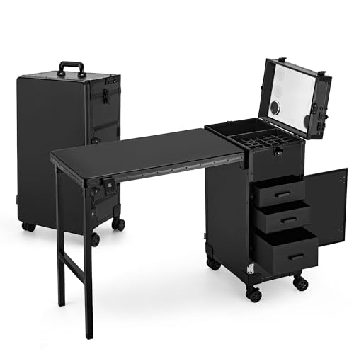 Rolling Manicure Table Foldable Nail Desk 4 Drawers, Makeup Organizer Blueteeth Speaker on Wheels, Travel Makeup Case with LED Mirror TSA Lock for Technician Workstation Salon