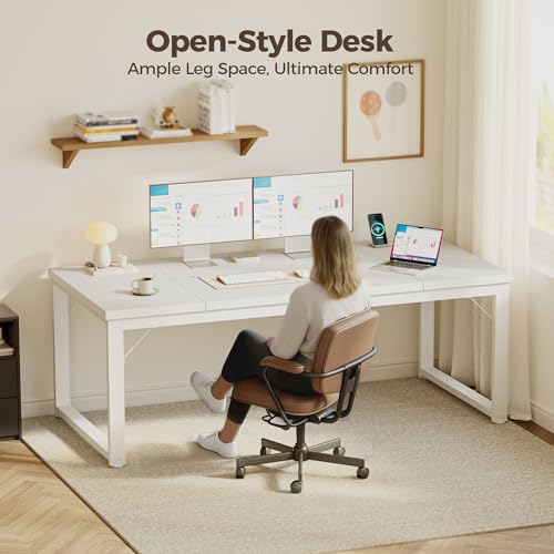 Image of Mericonia 63 Inch Computer Desk with Power Outlets, 1.2 inch Thick Office Table | Modern Simple Style, Heavy Duty Industrial Frame, Large Study & Writing Table for Home Bedroom Work, White
