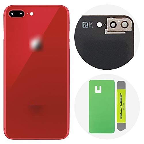 Cell4less Back Glass Cover OEM Battery Door Replacement w/Adhesive, Installed Camera Frame w/Lens & Removal Tool for Apple iPhone 8 Plus (Product Red 8+)