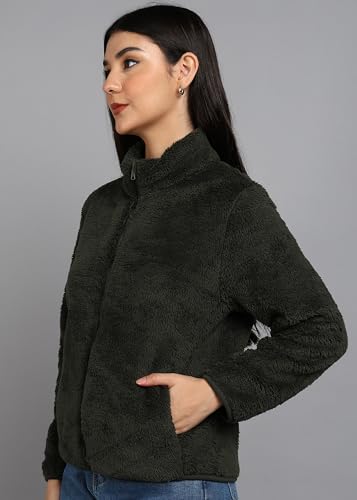 Image of Alan Jones Clothing Women's Fluffy Yarn Fleece Full-Zip Jacket | Soft Lightweight Warm Outerwear with Stand Collar & Piping at Hem & Cuffs