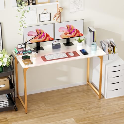 Image of PayLessHere | 47 Inch Computer Desk | White Gold | Sturdy Office Desk | Metal Frame, Adjustable Feet | Water-Resistant, Scratchproof Surface | Writing Table for Home Office or Study | Pack of 1