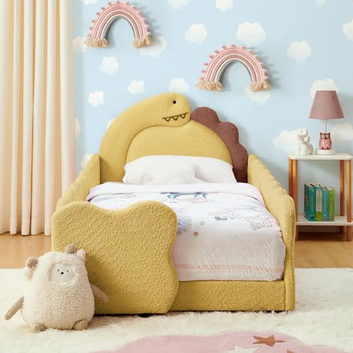 Image of Twin Size Kids Floor Bed Frame, Upholstered Montessori Platform Bed Cute Dinosaur-Shaped Daybed Frame for Girls Boys, No Box Spring Required, Yellow