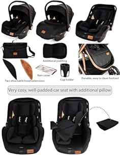 3 in 1 Travel System Baby Pram Buggy with Car Seat Pushchair Carriage Child Lightweight Folding Stroller for Newborns Toddlers from Birth up to 22kg New 2025 Style (BB1 - Black Gold, BB1)