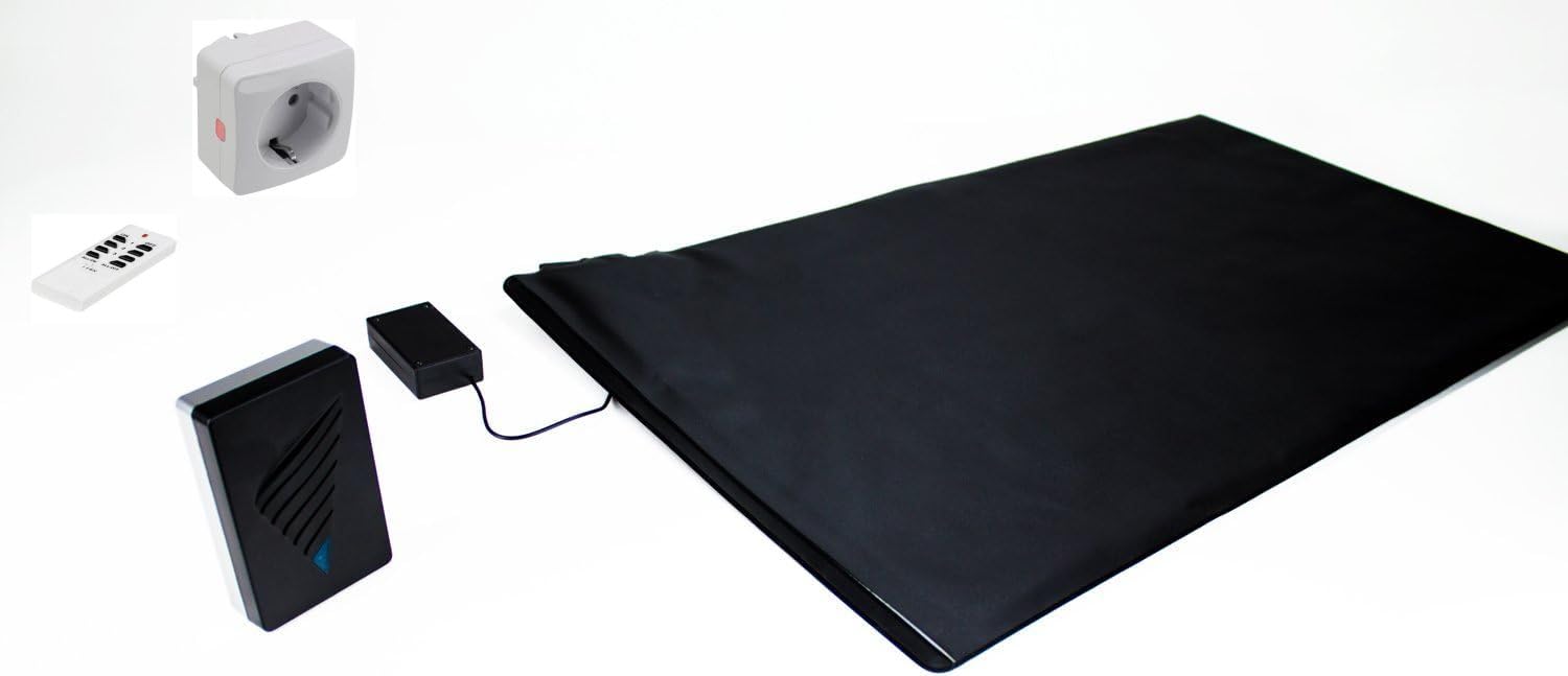 Funk-Alarmtrittmatte XL - Pflegehilfe - mit mobiler Multifunktionsempfänger (Pager) & Funkschaltsteckdose (Licht an!) - 140cm x 40cm - Demenz Sturzprävention - Wegläuferschutz