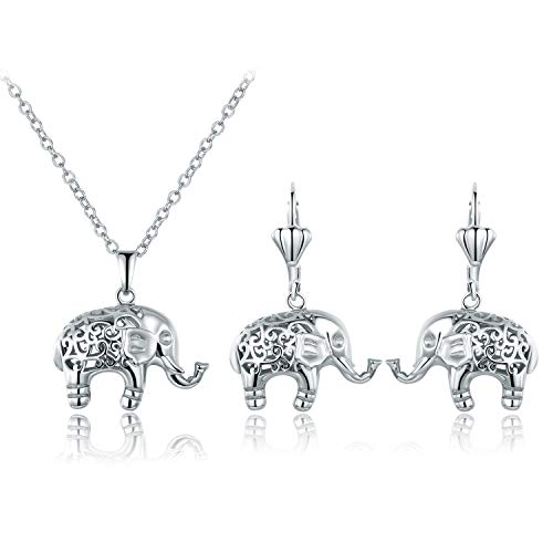Barzel 18K White Gold Plated Filigree Cutout Drop Elephant Earrings and Necklace Jewelry Set (White Gold)
