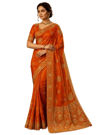 Women's Designer Satin Saree with Heavy Embroidery Work & Unstitched Blouse Piece | Signature-image-28