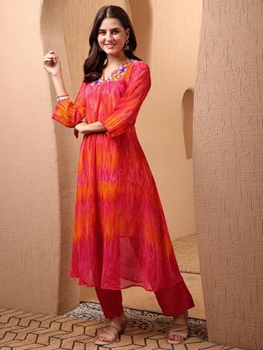 Image of EthnicJunction Women Georgette Relaxed Fit Tie & Dye & Embroidered A-Line Flared Kurta,Summer Kurta,Kurta For Office,Long Kurti