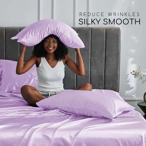 Image of MR&HM Satin Bed Sheets with Elastic Corner Straps, King Size Sheets Set, 4 Pcs Silky Bedding Set with 15 Inches Deep Pocket for Mattress (King, Lilac)
