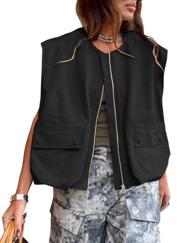 Tankaneo Womens Casual Zip Up Vest Cargo Oversized Ruched Hem Sleeveless Blazer Jackets Tops
