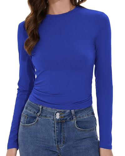Womens Long Sleeve Shirts Basic Tees Y2k Slim Fit T Shirt Crew Neck Trendy Crop Top Casual3