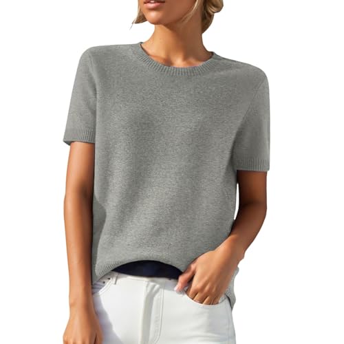 Short Sleeve Sweater Tops for Women Cute Lightweight Crew Neck T Shirts Relaxed Fit Casual Fall Winter Sweatshirts