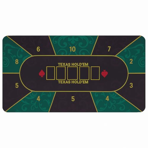 OUTLETISSIMO Tapis de poker professionnel Texas Hold'em – Serviette de jeu antidérapante pour 10 joueurs – Disposition de casino avec numérotation des places et design élégant vert/or