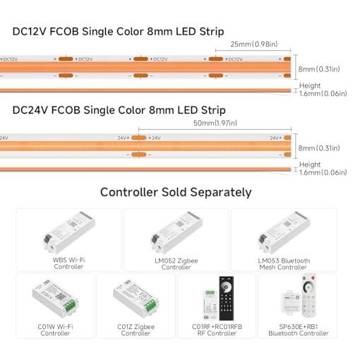 Image of BTF-LIGHTING Purple COB LED Strip Light, UL Listed 480LED /m High Density Uniform Light,16.4FT DC12V 8mm Width 3M Tape Light for Cabinet Bedroom Home Indoor DIY Lighting(No Adapter or Controller)